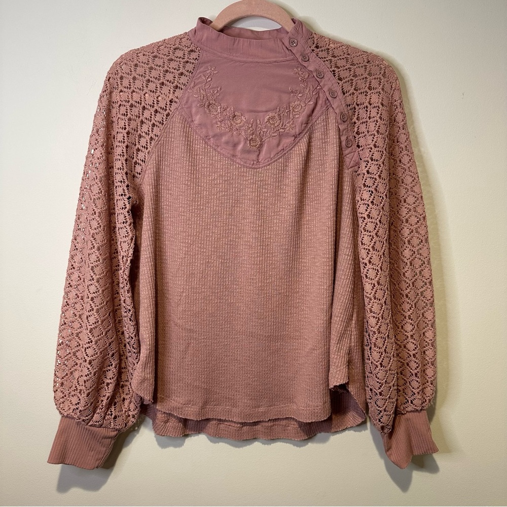 free people sweetest thing embroidered lace sleeve shirt size small - Picture 2 of 8